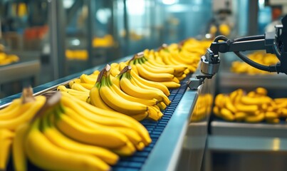 Poster - Automated banana sorting process in factory, robotic arm handling ripe bananas on conveyor belt, bright yellow fruit, industrial setting