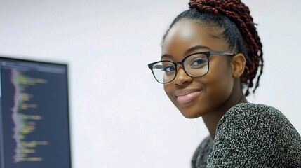 Poster - Young Woman with Glasses Smiling at Computer in Modern Office Setting, Engaging with Technology and Digital Innovation for Creative Work