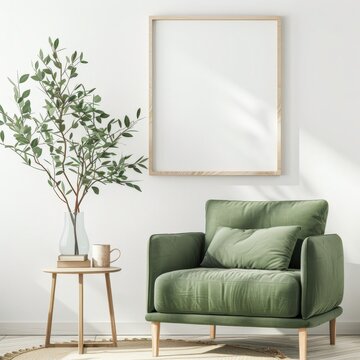 A minimalist living room interior with a green armchair, a side table, and a hanging plant, with a blank canvas for mockups