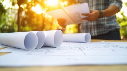 Wall Mural - Close-Up of Architectural Blueprint with Unrolled Paper Plans, Person Holding Documents in Sunlit Outdoor Setting, High-Quality Gigapixel Image