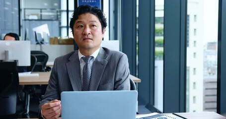 Aufkleber - Japanese, business people and listening in meeting, pitch or proposal for discussion in office building. Group, colleagues and teamwork for collaboration, brainstorming and project for finance agency