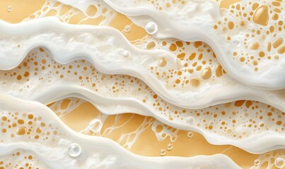 Poster - Foamy waves of cream and bubbles, abstract texture with golden background, smooth flowing patterns, intricate details