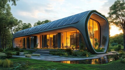 Poster - A sleek, contemporary house adorned with solar panels showcases large glass windows, reflecting the warm glow of sunset. Surrounded by lush greenery, this eco-friendly home blends with nature.