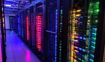 Poster - Colorful server racks in data center, illuminated with vibrant LED lights, showcasing advanced technology and organization