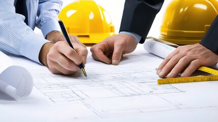 Poster - Collaborative Construction Planning with Professionals Analyzing Architectural Blueprints and Drawing Plans for a Building Project in an Office Environment