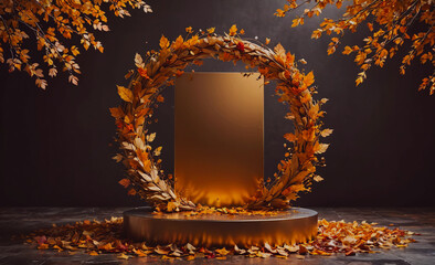 Poster - A gold frame with a leafy wreath and a black background. The wreath is made of leaves and the frame is gold
