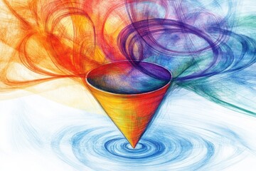 Aufkleber - Bright swirling colors converge to form a cone shape above calm rippling water, creating a captivating and dynamic visual experience. Generative AI
