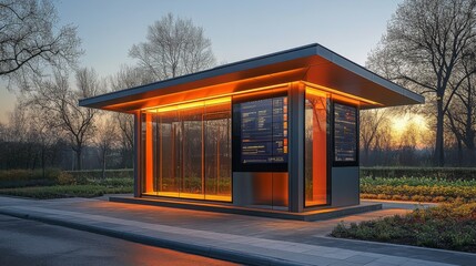 Aufkleber - A contemporary bus shelter glows warmly at sunset, featuring sleek glass walls and digital display boards, situated in a peaceful park surrounded by trees.