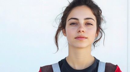 Wall Mural - Natural Portrait of a Young Woman with Dark Hair and Minimal Makeup Against a Soft Background, Representing Confidence and Youthfulness