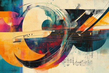 Aufkleber - Colorful representation explores the connection between sound waves, musical notes, and various instruments through abstract art. Generative AI