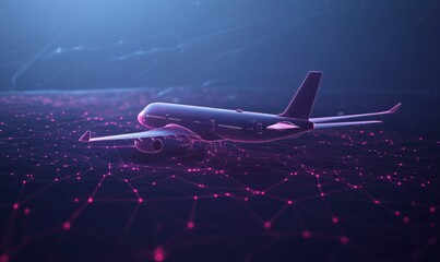 Poster - Futuristic airplane in digital network, sleek design, glowing lines, technology concept, aviation innovation, modern travel, connectivity