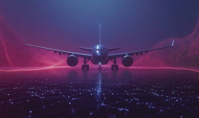 Poster - Futuristic airplane design, sleek aircraft with glowing lines, digital landscape, vibrant colors, modern technology, abstract background
