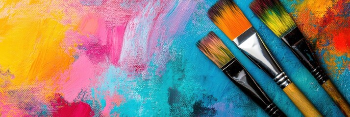 Aufkleber - Colorful paint strokes blend seamlessly across the canvas while brushes rest nearby, showcasing a lively artistic process and creativity. Generative AI