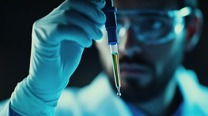 Wall Mural - Detailed Examination of a Scientist Holding a Pipette with a Liquid Drop in a Laboratory Setting Under Dramatic Lighting Conditions