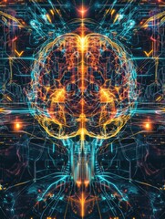 Poster - A stunning abstract representation showcases a digital brain illuminated by vibrant colors, highlighting intricate neural pathways and connections. Generative AI