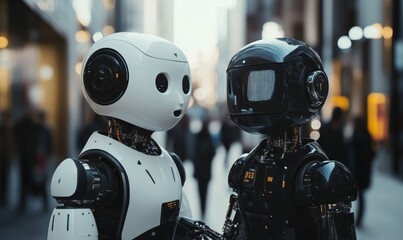Poster - Robots interacting in urban setting, two humanoid robots, one white and one black, showcasing advanced technology and design, city background