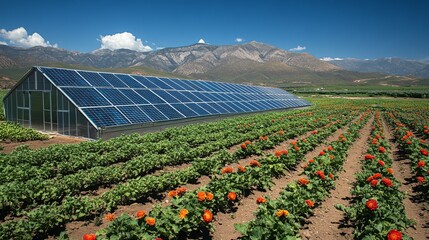 Fototapete - The greenhouse equipped with solar panels stands prominently among lush flower beds, with stunning mountains towering in the background under a bright blue sky.