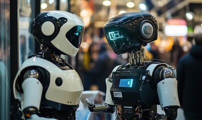 Poster - Robots interacting, showcasing advanced technology and design, humanoid features, futuristic aesthetics, vibrant environment, human-like expressions
