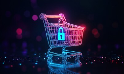 Poster - Shopping cart with padlock symbolizing secure online shopping, neon colors, glowing effects, digital concept