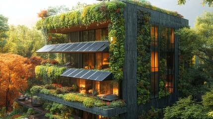 Poster - A contemporary house features lush greenery draping over its balconies while solar panels collect sunlight. The surrounding trees display vivid autumn colors in a tranquil setting.
