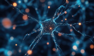 Poster - Neurons interconnected in neural network, glowing synapses, blue background, intricate details, scientific illustration