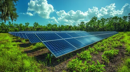 Aufkleber - Rows of solar panels capture sunlight in a lush green field, surrounded by trees under a clear sky filled with clouds during a sunny afternoon.