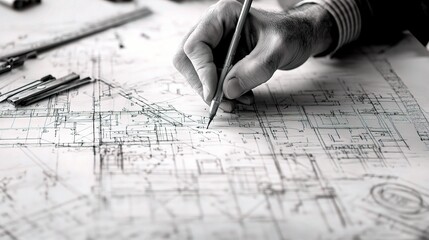 Poster - Detailed Architectural Blueprint with Hand Drawing, Technical Illustration of Engineering Plan, Precision and Skill in Design Work