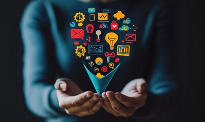 Poster - Creative ideas represented by colorful icons, hands holding a cone filled with various symbols like light bulbs, graphs, and gears.