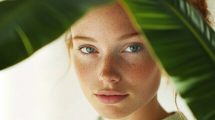 Wall Mural - Portrait of a Young Woman with Freckles and Bright Blue Eyes Peeking Through Green Leaves, Capturing Natural Beauty and Serenity in a Minimalist Setting