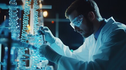 Poster - Scientist Analyzing Data in Laboratory Environment with Advanced Technology and Equipment Under Dim Light Conditions in a Cleanroom Setting