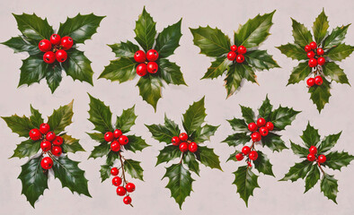Fototapete - A collection of red berries on a white background. The berries are arranged in a row, with some overlapping each other. Scene is festive and cheerful