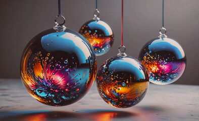 Poster - A group of colorful glass ornaments hanging from a string. The colors are bright and vibrant, creating a festive and joyful mood