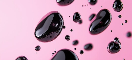 Poster - Black liquid droplets floating, glossy surface, pink background, abstract design, modern aesthetic
