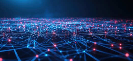 Poster - Digital network visualization with glowing nodes and connections, abstract representation of data flow and technology, blue and red lights