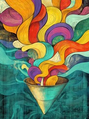 Poster - Brightly colored swirls flow from a funnel into a dynamic pattern, showcasing creativity and artistic expression in a bold and vibrant style. Generative AI