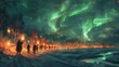 © harryaishi - A serene night scene of lantern-bearing figures under the aurora.