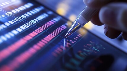 Poster - Close-Up View of a Hand Analyzing Digital Data on a Screen with Red and Green Lines Representing Financial Trends and Statistics