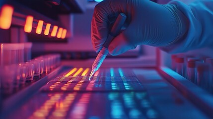 Poster - Laboratory Experiment in Action: Gloved Hand Using Pipette on Colorful Sample Plates in Advanced Scientific Research Setting