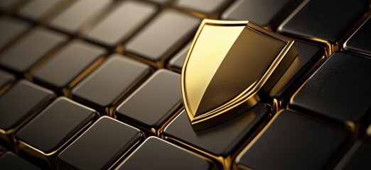Poster - Golden shield on black keyboard keys, symbolizing security and protection in digital environments, sleek design, modern technology