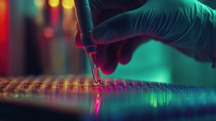 Poster - Close-Up of a Laboratory Hand Holding a Pipette Over a Microplate with Colorful Reflections and Brightly Lit Background in a Scientific Setting