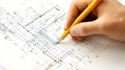 Poster - Detailed Hand Drawing Architectural Plans with a Yellow Pen, Showcasing Technical Precision and Creative Design on a Blueprint Background