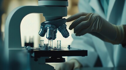 Poster - Laboratory Scientist Using Microscope to Analyze Samples, Close-Up View of Research Process with Modern Equipment in Medical Research Facility