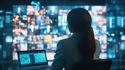 Poster - Professional Woman Engaged in Digital Monitoring with Multiple Screens Displaying Data in a Modern Office Environment