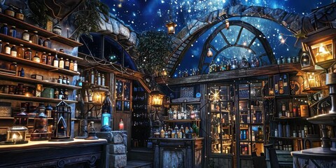 Wall Mural - enchanted potion shop beneath a twinkling night sky, 4k video