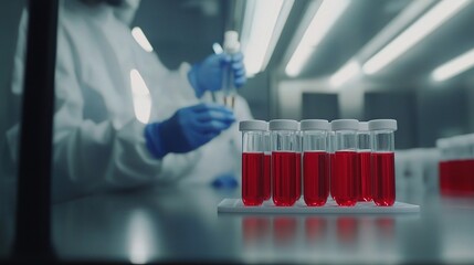 Poster - laboratory scene with red liquid test tubes in focus, showcasing scientific experimentation and rese