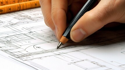 Poster - Close-up of a Hand Holding a Pencil, Detailing Architectural Blueprints with Precision and Care, Capturing the Essentials of Drafting Process and Design