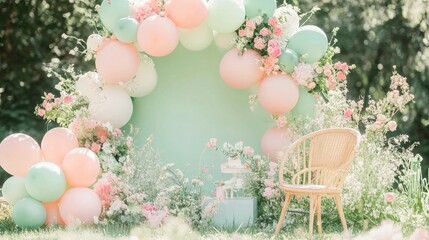 Wall Mural - Mint green and pastel pink balloons in a whimsical spring garden party setting generative ai