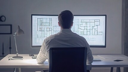 Poster - Professional Architect Analyzing Architectural Plans on a Modern Desktop Computer in a Well-Lit Office Environment