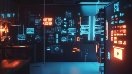 Poster - Futuristic Room with Neon Lights and Digital Displays