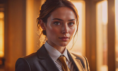 Aufkleber - A woman in a suit and tie with a serious expression on her face. Concept of professionalism and formality